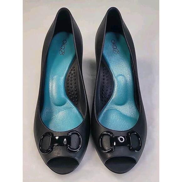 OkaB Matte Black Peep Toe Wedge Women’s Size 9 Sandals – Excellent - Picture 3 of 10